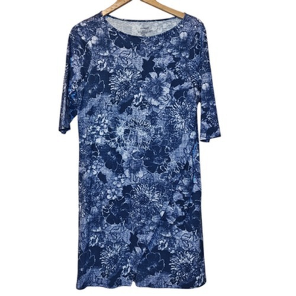 Pure Jill Dress Womens PM Blue Floral Wrap Style 3/4‎ Sleeve Knit Knee Length